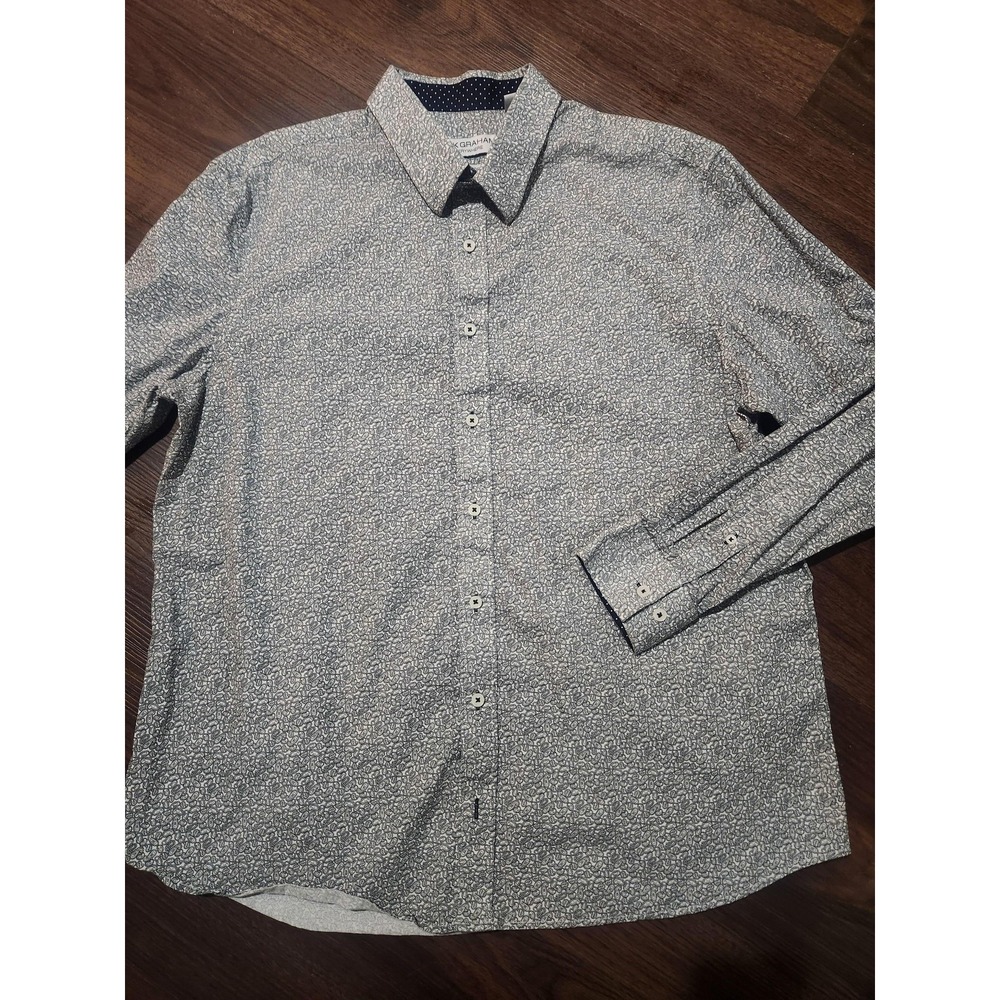 Nick Graham‎ Dress Shirt Mens 2XL Blue Paisley Stretch Modern Fit Long Sleeve